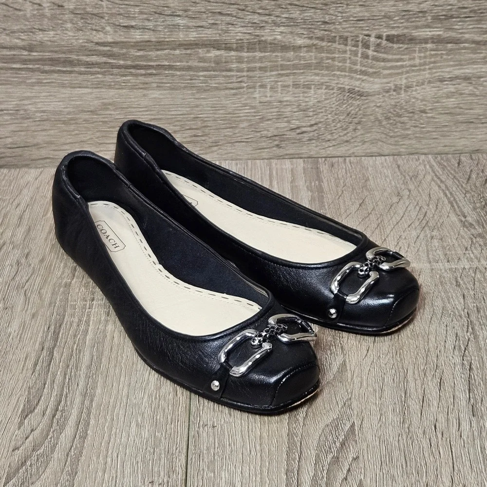 Coach Black Leather Square Toe Ballet Flats Silver Chain Link Buckle Detail 7.5B